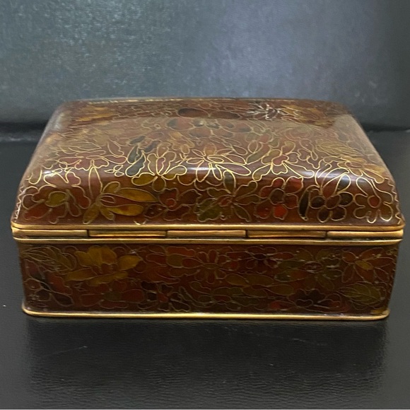Vintage Chinese Cloisonne Brown Enamel Floral Hinged Trinket Box - Picture 13 of 16